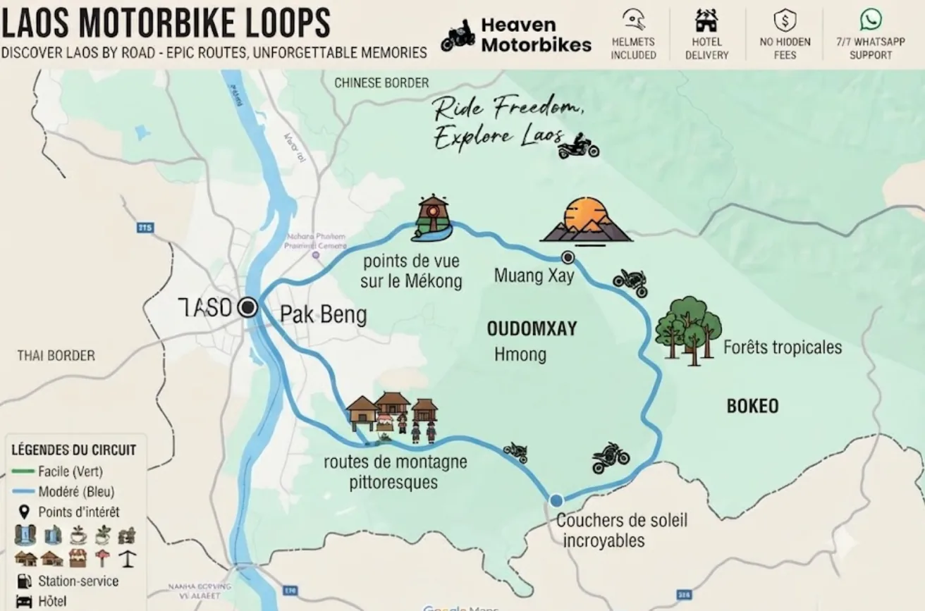 Pak Beng Loop, Laos — the Mekong river road seen from a motorbike
