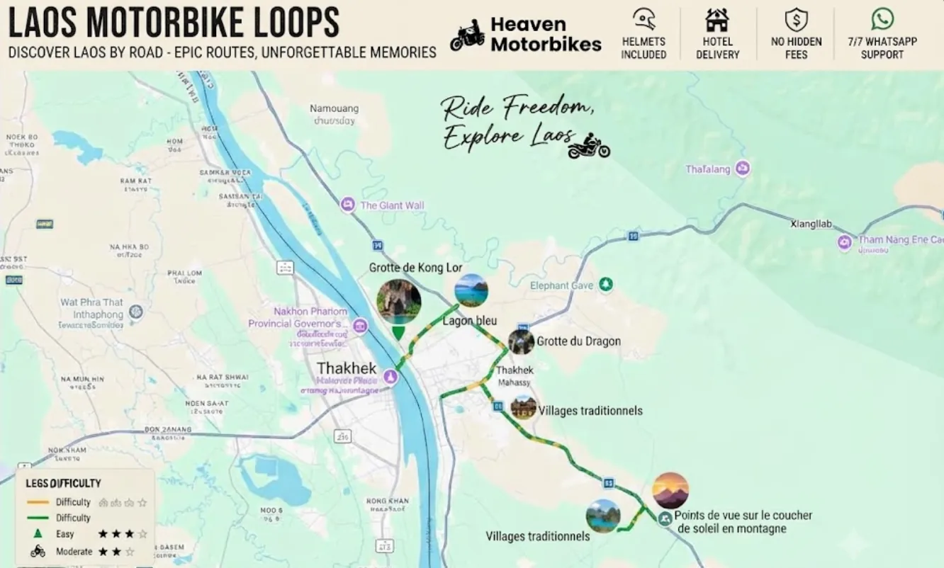 Thakhek Loop, Laos — limestone karst mountains along the motorbike route
