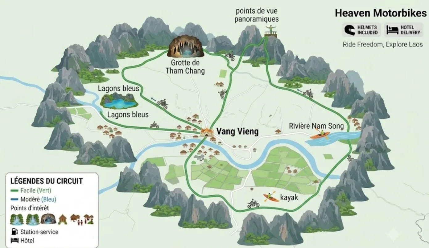 Vang Vieng, Laos — karst landscape and rice fields on the scenic motorbike loop